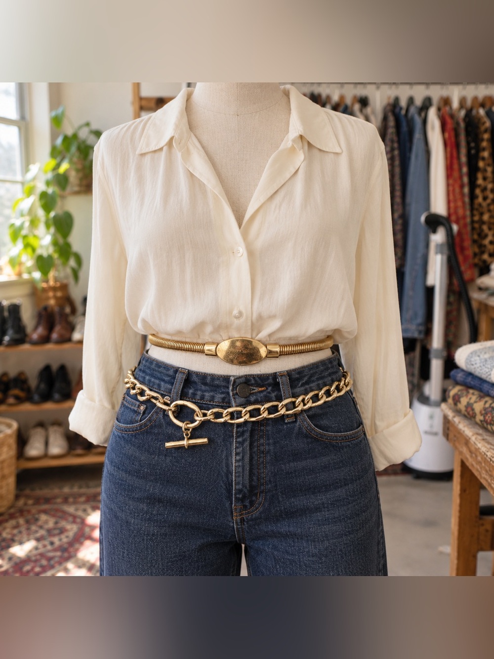 Vintage 80s Gold Tone Belt Set Snake Chain Toggle 28 37
